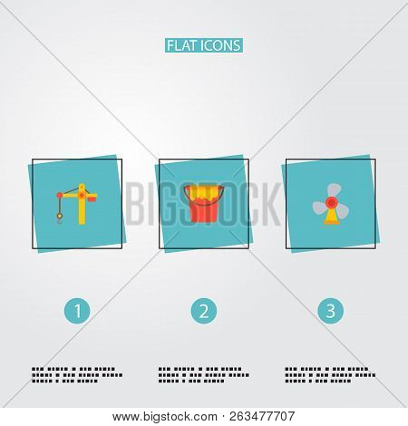 Set Of Industrial Icons Flat Style Symbols With Crane Tower, Paint Bucket, Wind Turbine And Other Ic