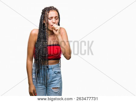 Young braided hair african american with pigmentation blemish birth mark over isolated background feeling unwell and coughing as symptom for cold or bronchitis. Healthcare concept.