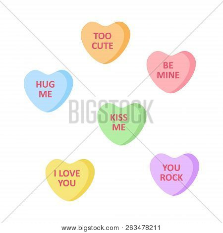 Cute Heart Shaped Candies With Love Writings. Set Of Sweet Sugar Candy Vector Graphic Icons.