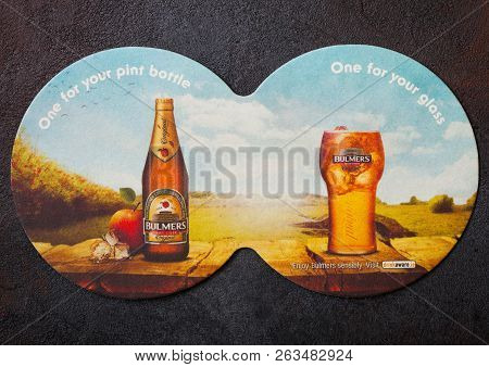 London, Uk - August 22, 2018: Bulmers Cider Original Paper Mat Coaster On Black Background.