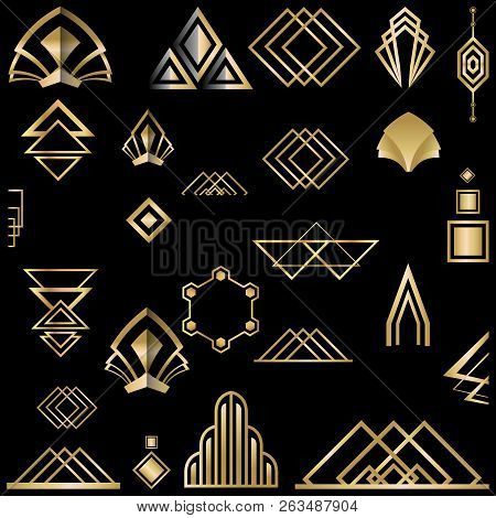 Art Deco /art Nuvo Set Of Diy Elements Golden Black For Print And Web Illustration , Geometric Luxur