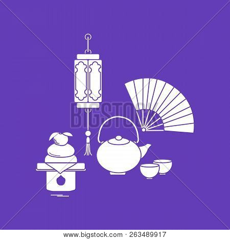 Eastern New Year Symbols. Chinese Lantern, Kettle With Two Cups, Fan, Kagami Mochi. Festive Traditio