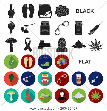 Drug Addiction And Attributes Flat Icons In Set Collection For Design. Addict And Drug Vector Symbol