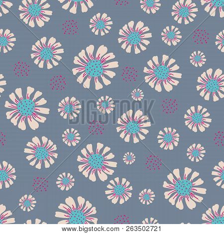 Seamless Vector Repeat Cute Daisy Floral Pattern With A Grey Background. Surface Pattern Design.