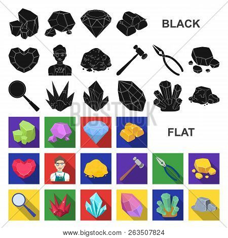 Precious Minerals Flat Icons In Set Collection For Design. Jeweler And Equipment Vector Symbol Stock