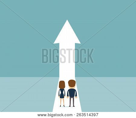 Business Growth Vector Concept With People Walking Towards Upwards Arrow. Symbol Of Success, Promoti