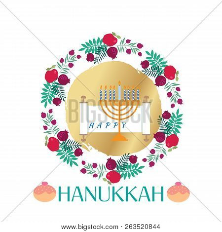 Happy Hanukkah. Jewish Holiday Hanukkah Greeting Card .  Holiday Elements.  Menorah, Wreath, Candles