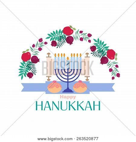 Happy Hanukkah. Jewish Holiday Hanukkah Greeting Card .  Holiday Elements.  Menorah, Wreath, Candles