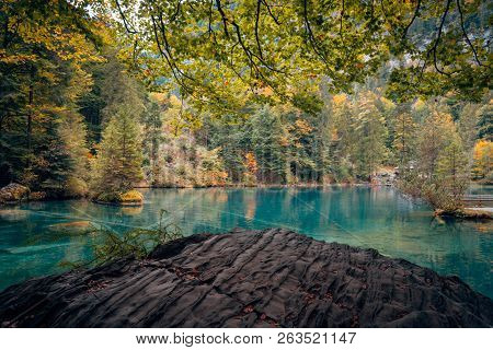 Autumn Time At Romantic Forest Lake Blausee, One Of The Best Known Mountain Lakes In Switzerland.