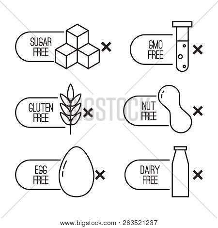 Vector Set Of Food Diet Labels For Non Gmo Foods, Sugar And Allergens. Icons In Linear Style.