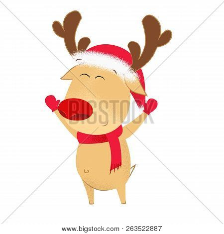 Excited Cartoon Deer In Santa Hat And Scarf Waving Hands. Happy, Joy, Fun. Miracles Concept. Can Be 