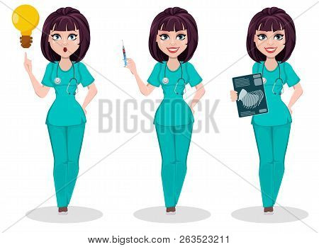 Veterinarian Woman, Set Of Three Poses. Cute Cartoon Character, Professional Female Vet Doctor Has A
