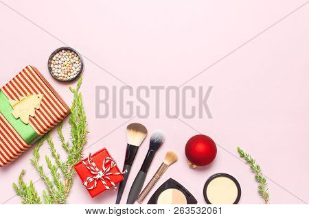 Various Cosmetic Products For Make-up, Blusher, Powder, Brushes, Lipstick, Eyeshadow And Christmas G