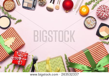 Various Cosmetic Products For Make-up, Blusher, Powder, Brushes, Lipstick, Eyeshadow And Christmas G