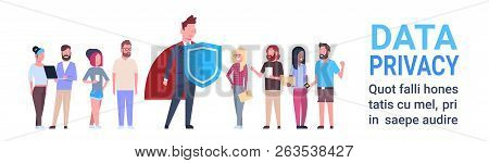 Man Shield Mix Race Team Gdpr Data Privacy On White Background Network Protection Of Personal Storag