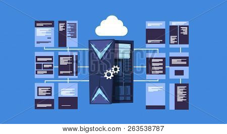 Data Protection Cloud Servers Center With Hosting Infographic, Network And Database, Internet Center