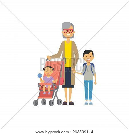 Grandmother With Baby Grandchildren In Stroller, Multi Generation Family, Full Length Avatar On Whit