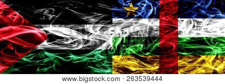 Palestine Vs Central African Republic Smoke Flags Placed Side By Side. Thick Colored Silky Smoke Fla