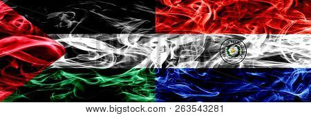 Palestine Vs Paraguay, Paraguayan Smoke Flags Placed Side By Side. Thick Colored Silky Smoke Flags O