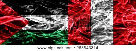 Palestine Vs Peru, Peruan Smoke Flags Placed Side By Side. Thick Colored Silky Smoke Flags Of Palest