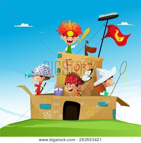 Vector Illustration Of Happy Cartoon Children Playing In Paper Fortress. Summer Vacation.