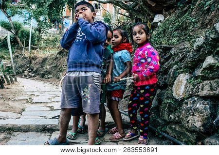 Bandipur Nepal October  15, 2018 Closeup Of Young Children Playing And Having Fun Together In Bandip
