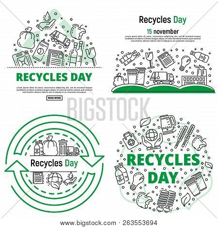 Recycles Day Banner Set. Outline Set Of Recycles Day Vector Banner For Web Design