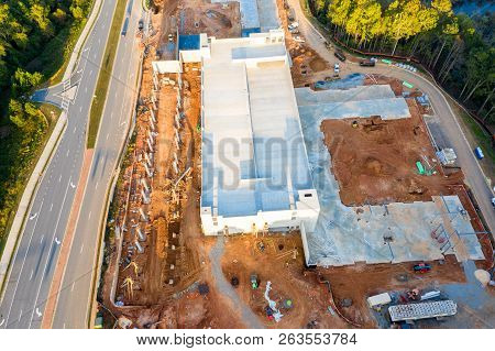 Aerial View Of Construction Of A New Apartment Building In Atlanta Suburbs Next To Ga400 Shot During