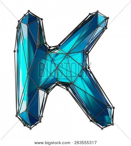 Low Poly Alphabet Letter K. Blue color Isolated on white 3d rendering