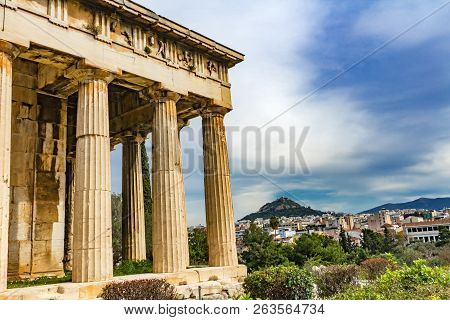 Ancient Temple Of Hephaestus Columns Agora Market Place Athens Greece. Agora Founded 6th Century Bc.