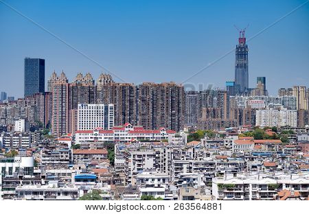 Wuhan China - September 08 2018 : Aerial View Landscape Of Wuhan City View From The Yellow Crane Tow