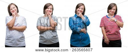 Collage of down sydrome woman over isolated background looking confident at the camera with smile with crossed arms and hand raised on chin. Thinking positive.