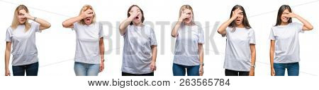 Collage of group of women wearing white t-shirt over isolated background peeking in shock covering face and eyes with hand, looking through fingers with embarrassed expression.