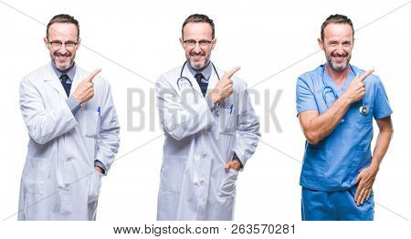 Collage of handsome senior hoary doctor man wearing surgeon uniform over isolated background cheerful with a smile of face pointing with hand and finger up to the side with happy and natural expressio