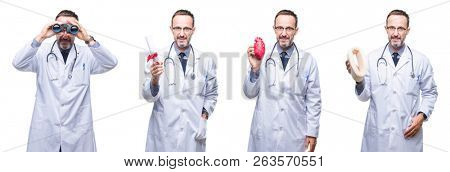 Collage of handsome senior hoary doctor man over isolated background with a confident expression on smart face thinking serious