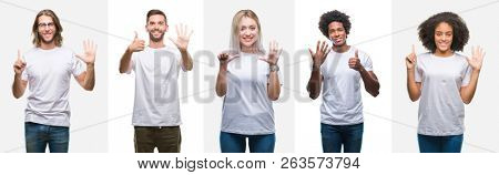 Collage of group of young people wearing white t-shirt over isolated background showing and pointing up with fingers number six while smiling confident and happy.