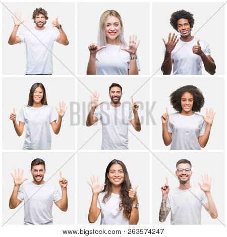 Collage of group of people wearing casual white t-shirt over isolated background showing and pointing up with fingers number six while smiling confident and happy.