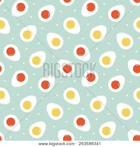 Cute Cartoon Style Seamless Pattern Background With Boiled Chicken Eggs, Cut In Half And Dots.