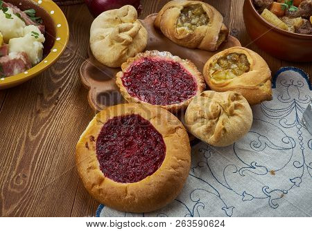 Finnish Pies, Finnish Cuisine, Traditional Assorted Dishes, Top View.