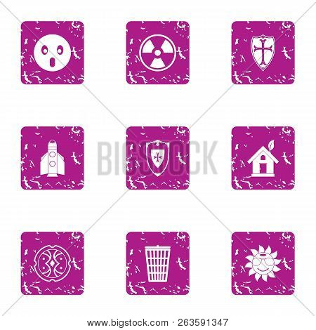 Eco Defend Icons Set. Grunge Set Of 9 Eco Defend Icons For Web Isolated On White Background