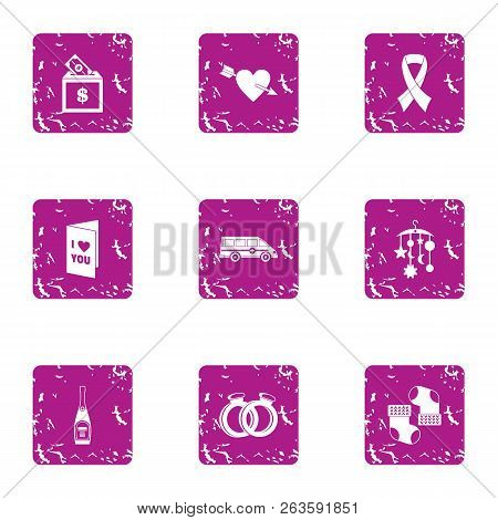 Love Interpretation Icons Set. Grunge Set Of 9 Love Interpretation Icons For Web Isolated On White B