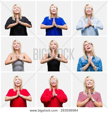 Collage of beautiful blonde woman wearing differents casual looks over isolated background begging and praying with hands together with hope expression on face very emotional and worried. Asking 