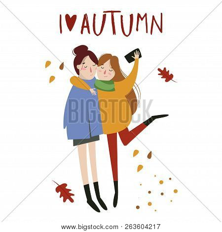 Autumn Illustration In Flat Simple Linear Style