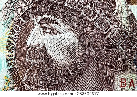 Polish currency money bill ten zloty. Macro crop portrait of Duke of Poland Mieszko I. Business background.