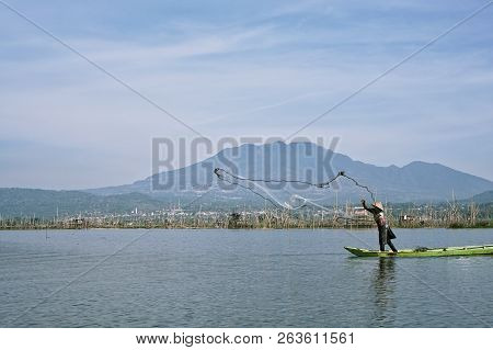 October, 6 2018. Ambarawa, Indonesia. Fishermen On Rawa Pening Lake, Central Java, Indonesia