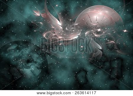 Abstract Representation Of The Universe And Stellar Galaxies With Planets And Space Objects.