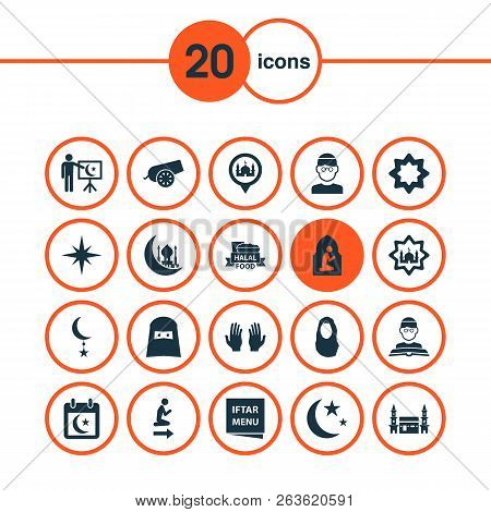 Religion Icons Set With Calendar, Man, Qiblah And Other Praying Elements. Isolated Vector Illustrati