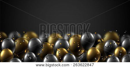 Festive Banner With Black And Golden Shiny Balloons And Serpenti