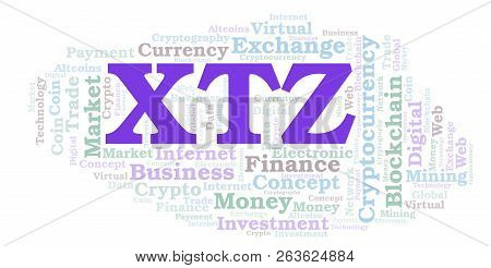 Xtz Or Tezos Cryptocurrency Coin Word Cloud. Word Cloud Made With Text Only.