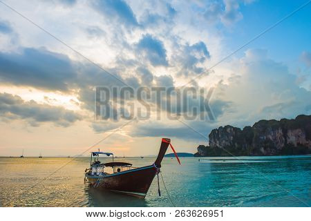 Long Tail Boat On Tropical Railay Beach, Aonang, Krabi, Thailand
